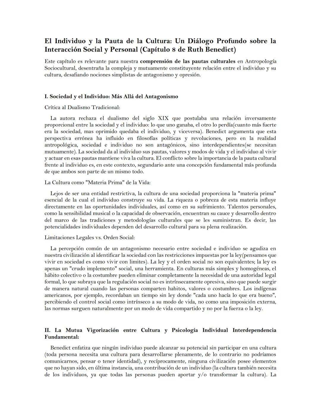 # El Individuo y la Pauta de la Cultura: Un Diálogo Profundo sobre la
# Interacción Social y Personal (Capítulo 8 de Ruth Benedict)
Este ca
