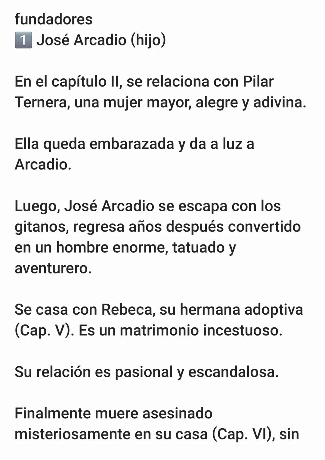 Primera generación: Los fundadores
José Arcadio Buendía (Cap. I)
Hombre curioso, inteligente y obsesivo,
fundador de Macondo junto con su
e