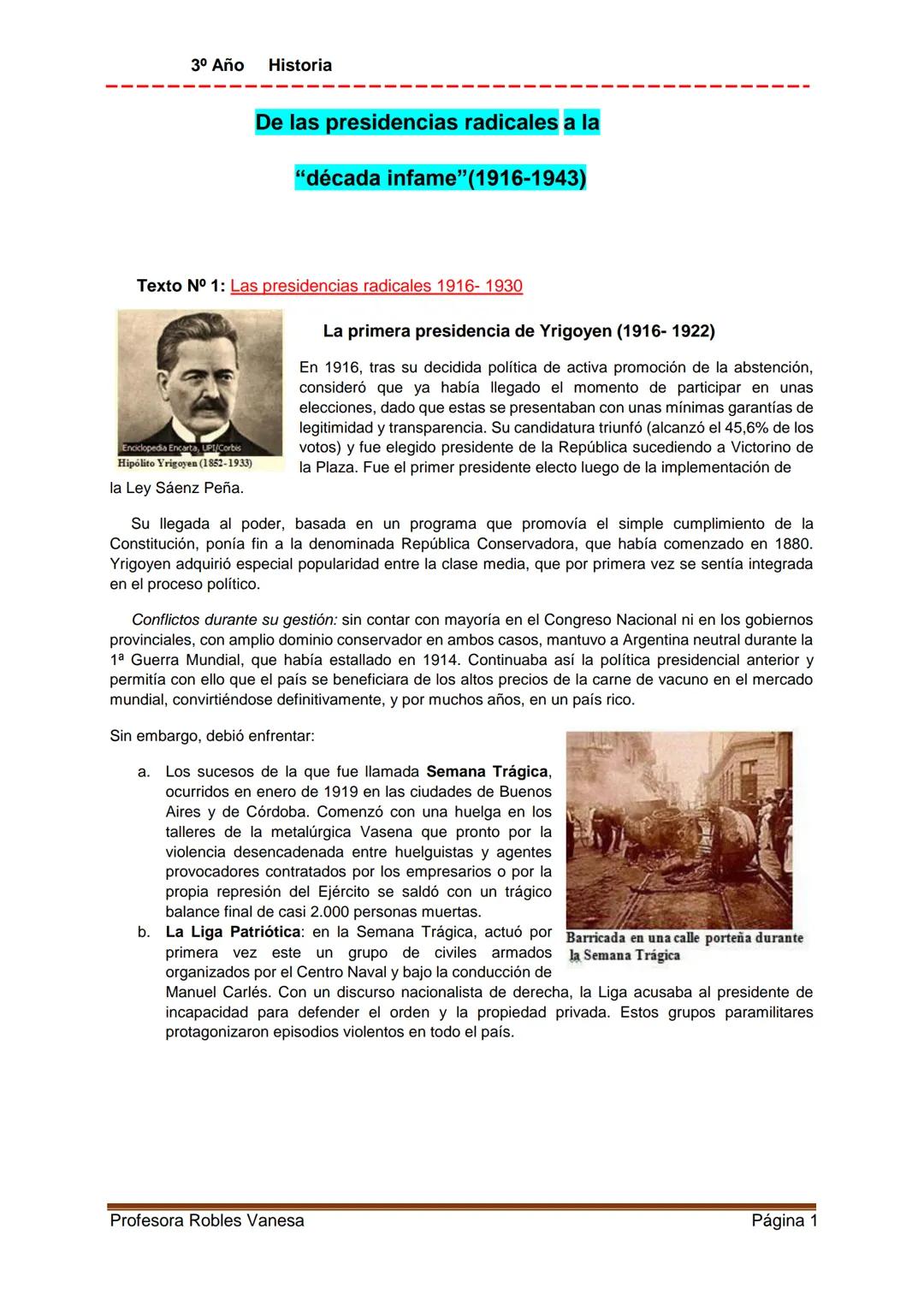 3º Año Historia
De las presidencias radicales a la
"década infame" (1916-1943)
Texto N° 1: Las presidencias radicales 1916- 1930
Enciclo
