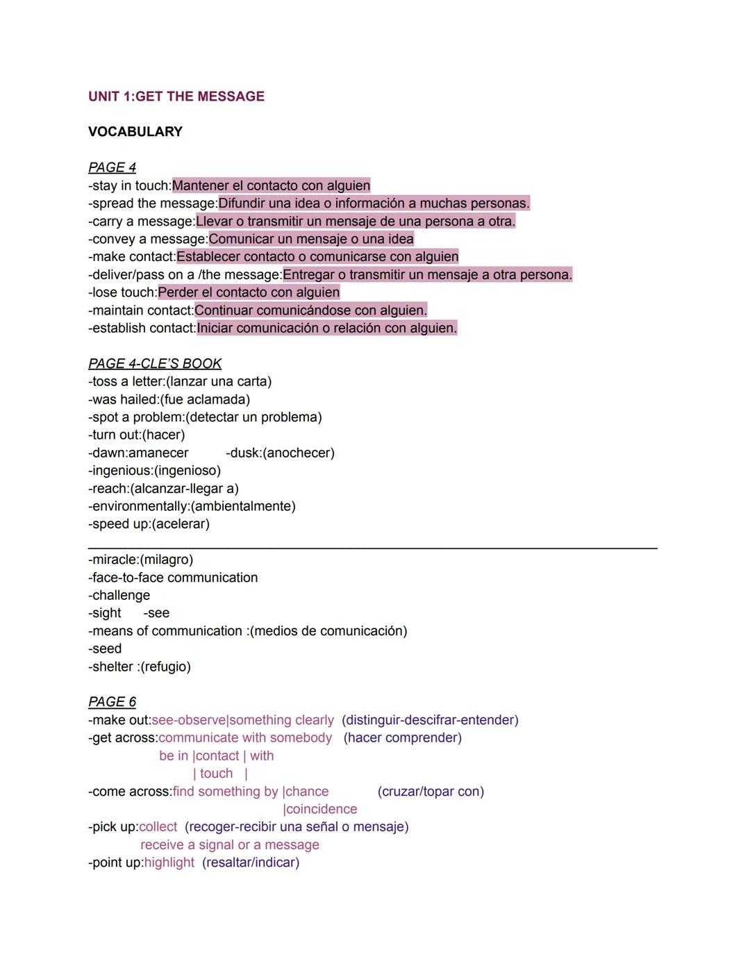 UNIT 1:GET THE MESSAGE
VOCABULARY
PAGE 4
-stay in touch: Mantener el contacto con alguien
-spread the message:Difundir una idea o informac