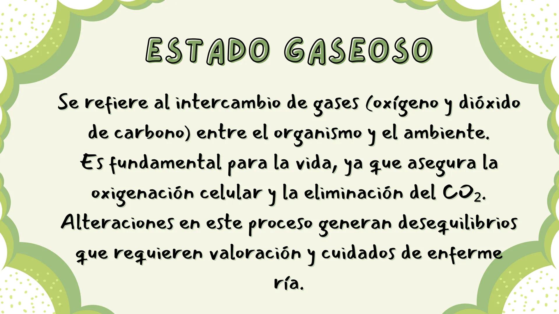 # UNIDAD VI
El estado Gaseoso ESTADO GASEOSO
Se refiere al intercambio de gases (oxígeno y dióxido
de carbono) entre el organismo y el amb