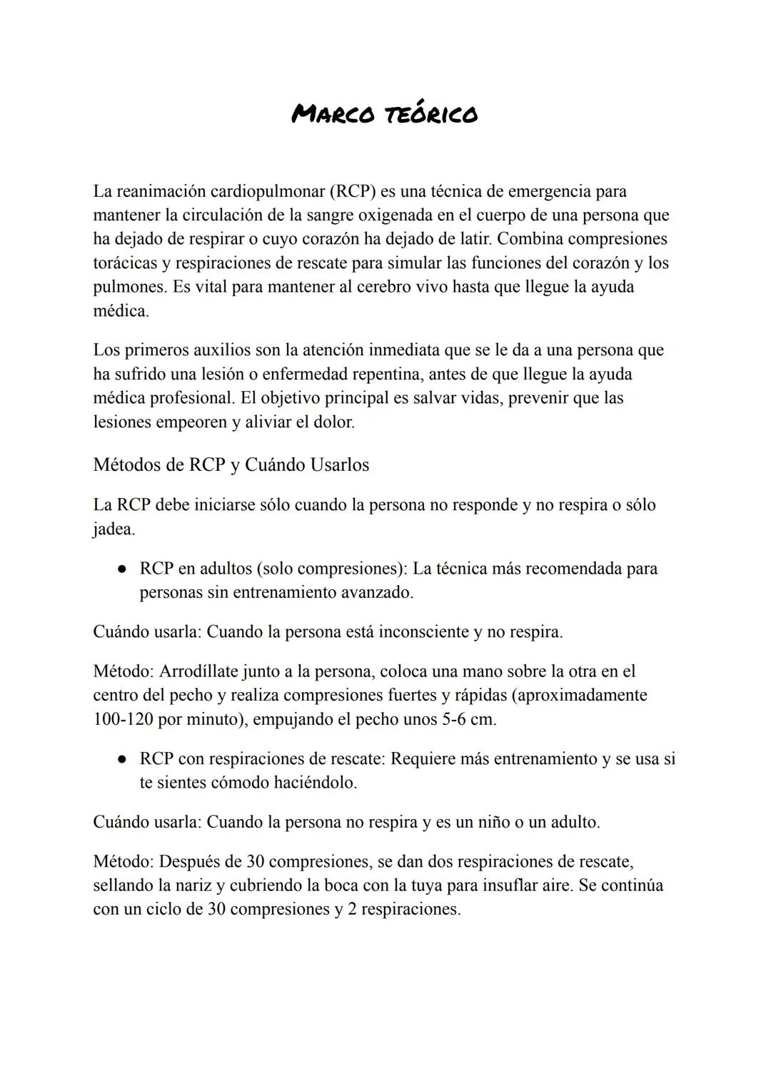 # MARCO TEÓRICO
La reanimación cardiopulmonar (RCP) es una técnica de emergencia para
mantener la circulación de la sangre oxigenada en el