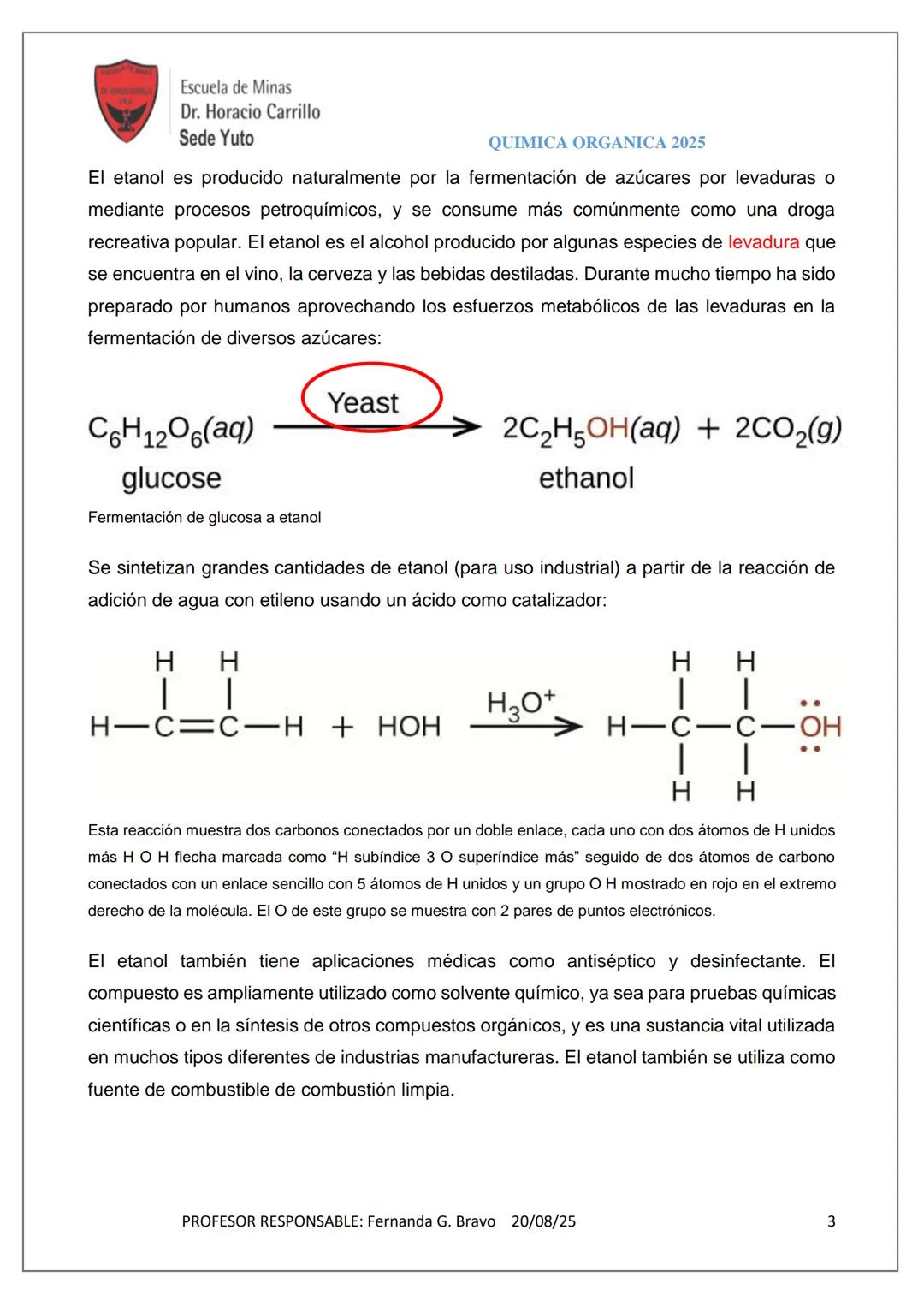 # Escuela de Minas
Dr. Horacio Carrillo
Sede Yuto
QUIMICA ORGANICA 2025
ALCOHOLES, FENOLES Y ESTERES
ALCOHOLES
Un alcohol es un compuest