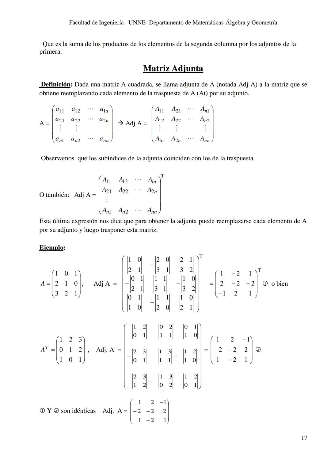 UNIVERSIDAD NACIONAL DEL NORDESTE
FACULTAD DE INGENIERÍA
ÁLGEBRA Y GEOMETRÍA
Notas de Cátedra
Matrices y determinantes
Autoras: Prof. No