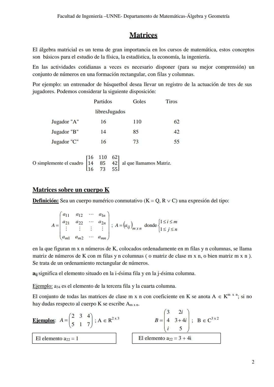 UNIVERSIDAD NACIONAL DEL NORDESTE
FACULTAD DE INGENIERÍA
ÁLGEBRA Y GEOMETRÍA
Notas de Cátedra
Matrices y determinantes
Autoras: Prof. No
