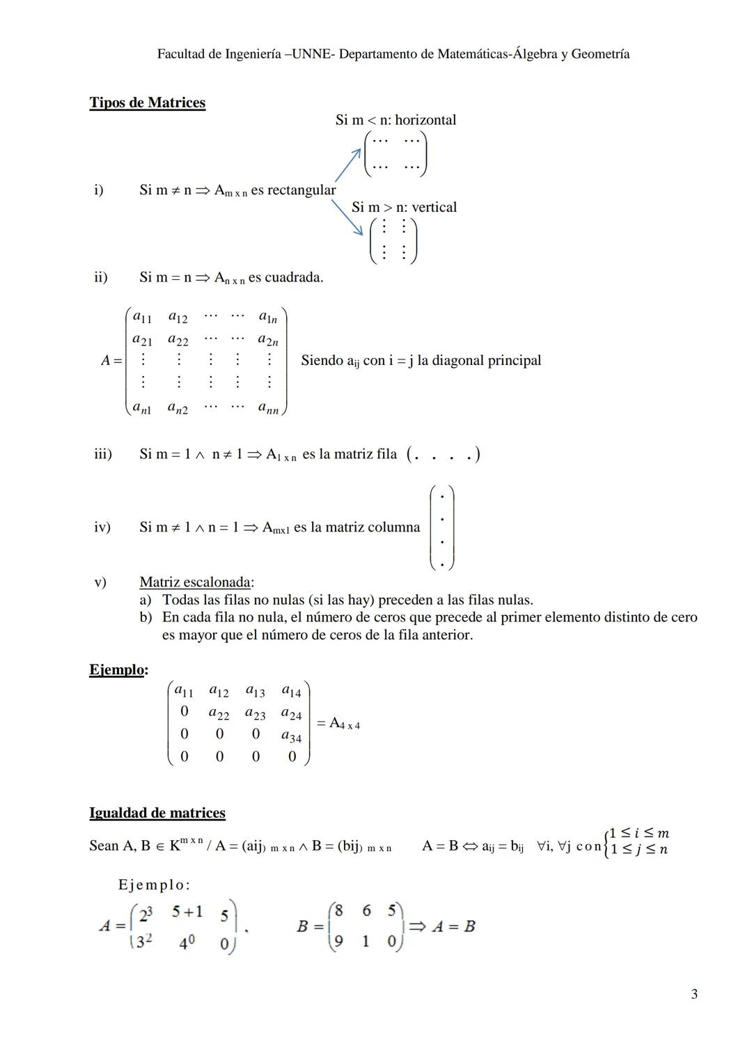 UNIVERSIDAD NACIONAL DEL NORDESTE
FACULTAD DE INGENIERÍA
ÁLGEBRA Y GEOMETRÍA
Notas de Cátedra
Matrices y determinantes
Autoras: Prof. No