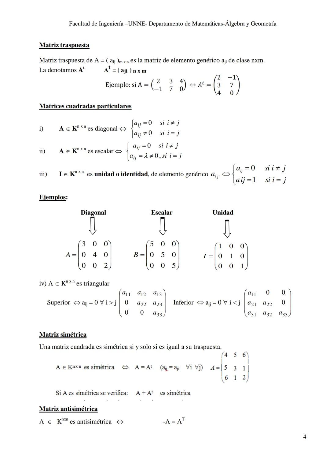 UNIVERSIDAD NACIONAL DEL NORDESTE
FACULTAD DE INGENIERÍA
ÁLGEBRA Y GEOMETRÍA
Notas de Cátedra
Matrices y determinantes
Autoras: Prof. No