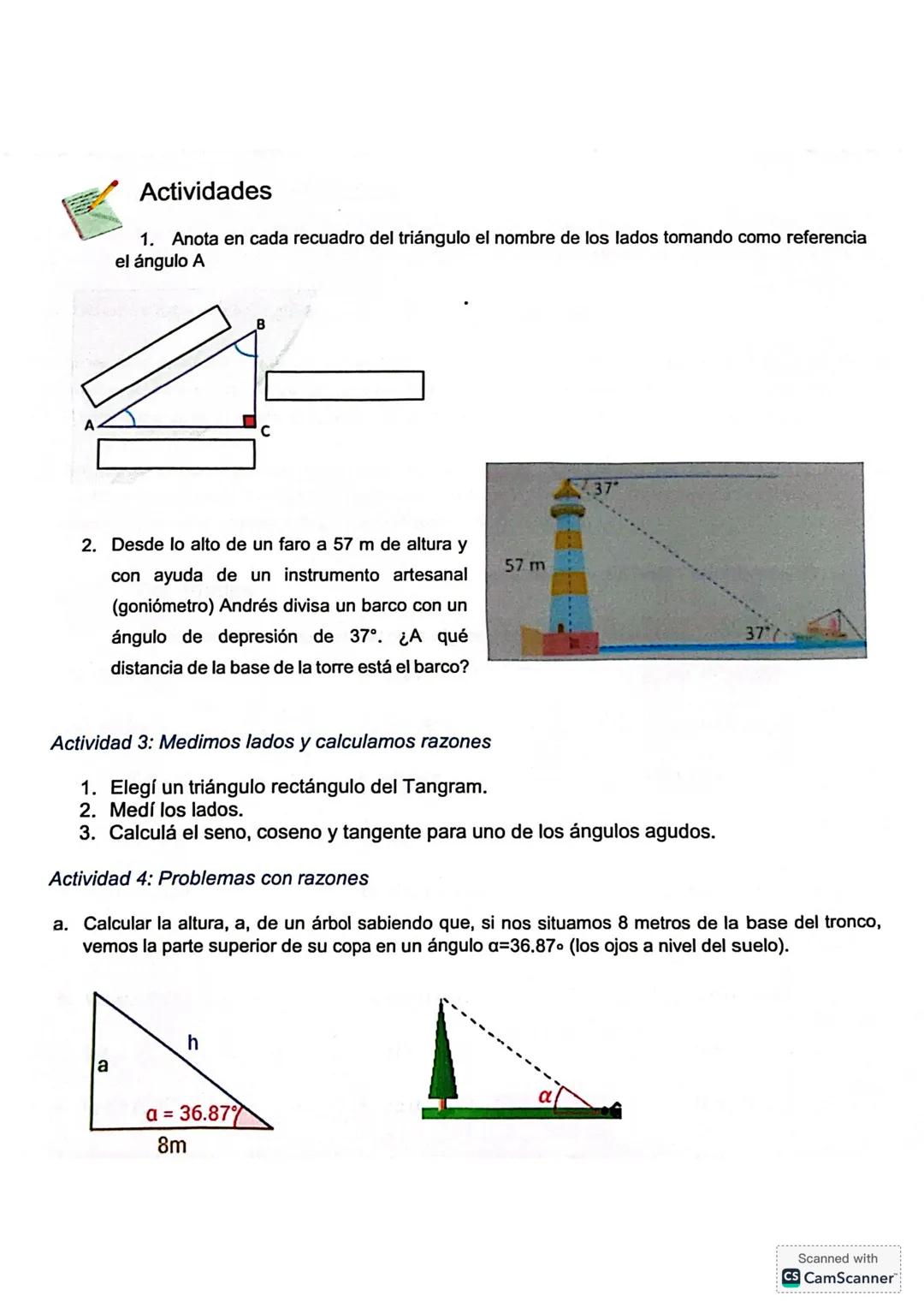 # Trigonometría con el Tangram
Las razones trigonométricas en un triángulo rectángulo
permiten relacionar lados y ángulos:
Uno de los lado
