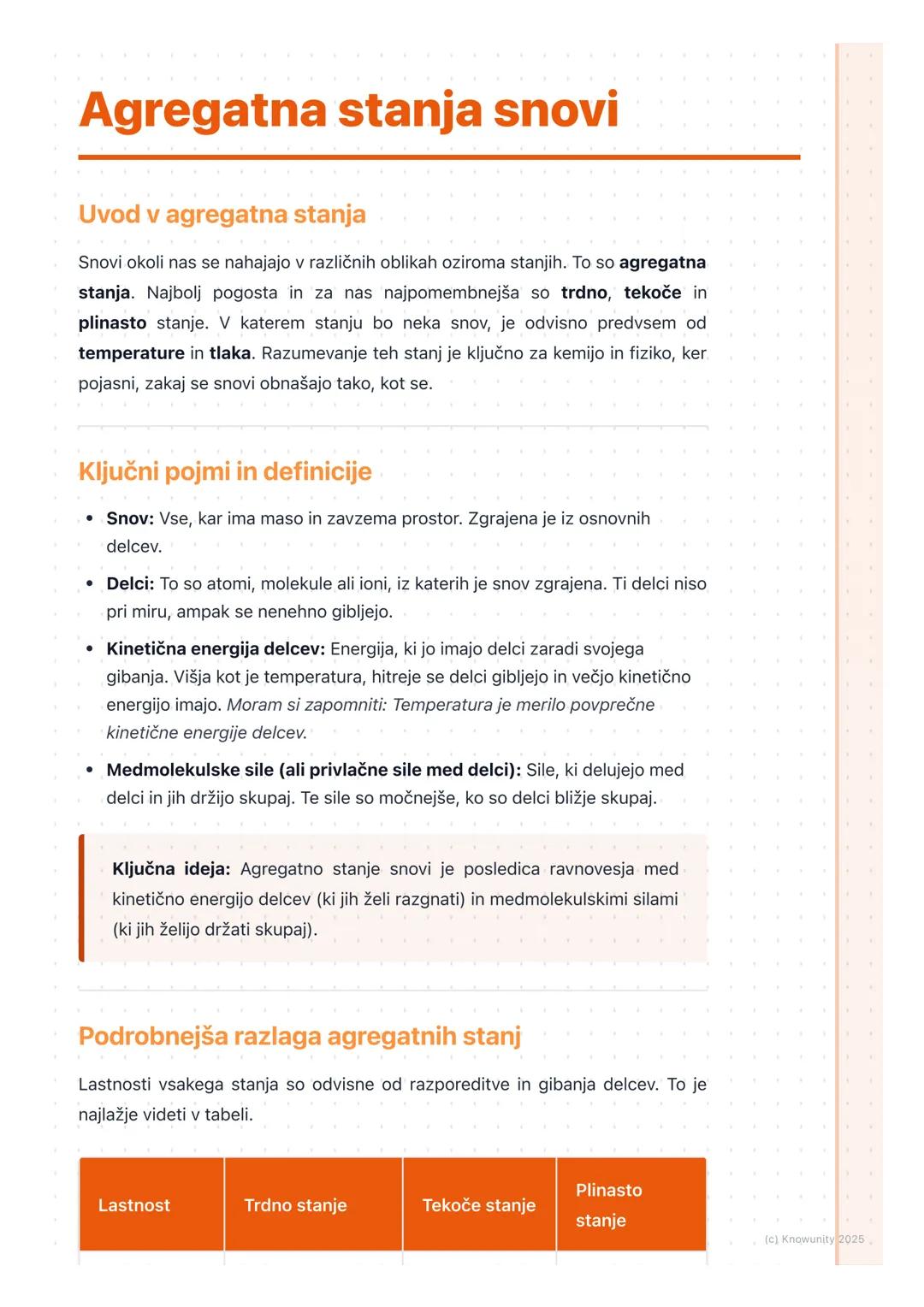 # Agregatna stanja snovi
Uvod v agregatna stanja
Snovi okoli nas se nahajajo v različnih oblikah oziroma stanjih. To so agregatna
stanja.