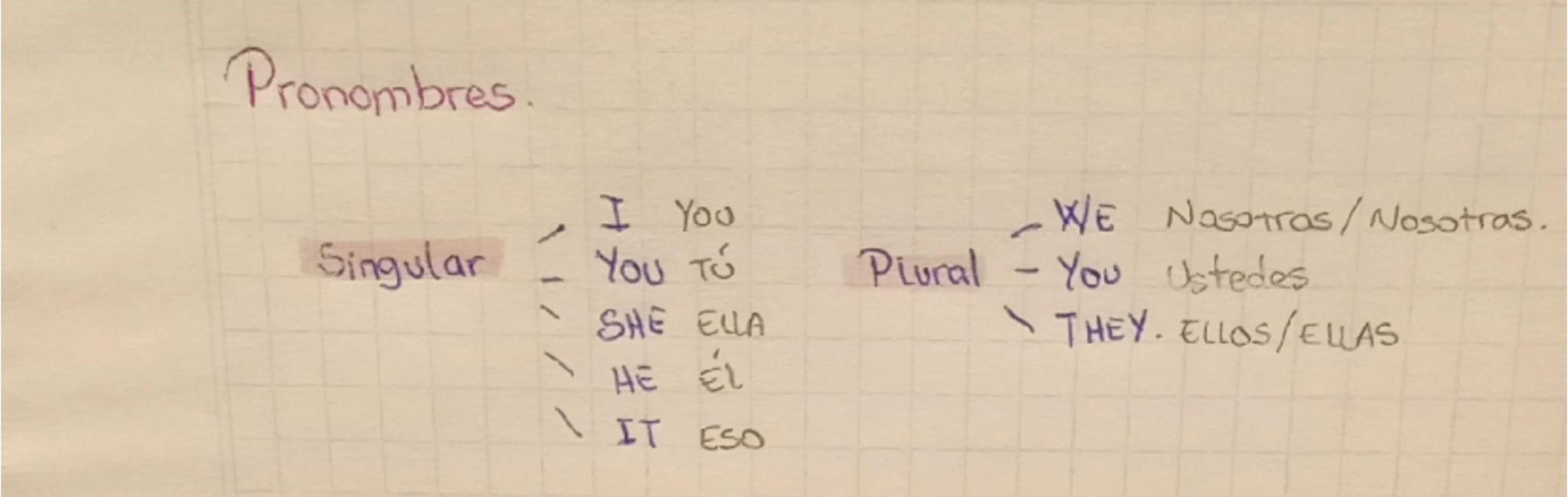 Pronombres
Singular
-
I You
You τύ
SHE ELLA
HE EL
IT ESO
Plural
WE Nosotras/Nosotras.
- You Ustedes
THEY. ELLOS/ELLAS