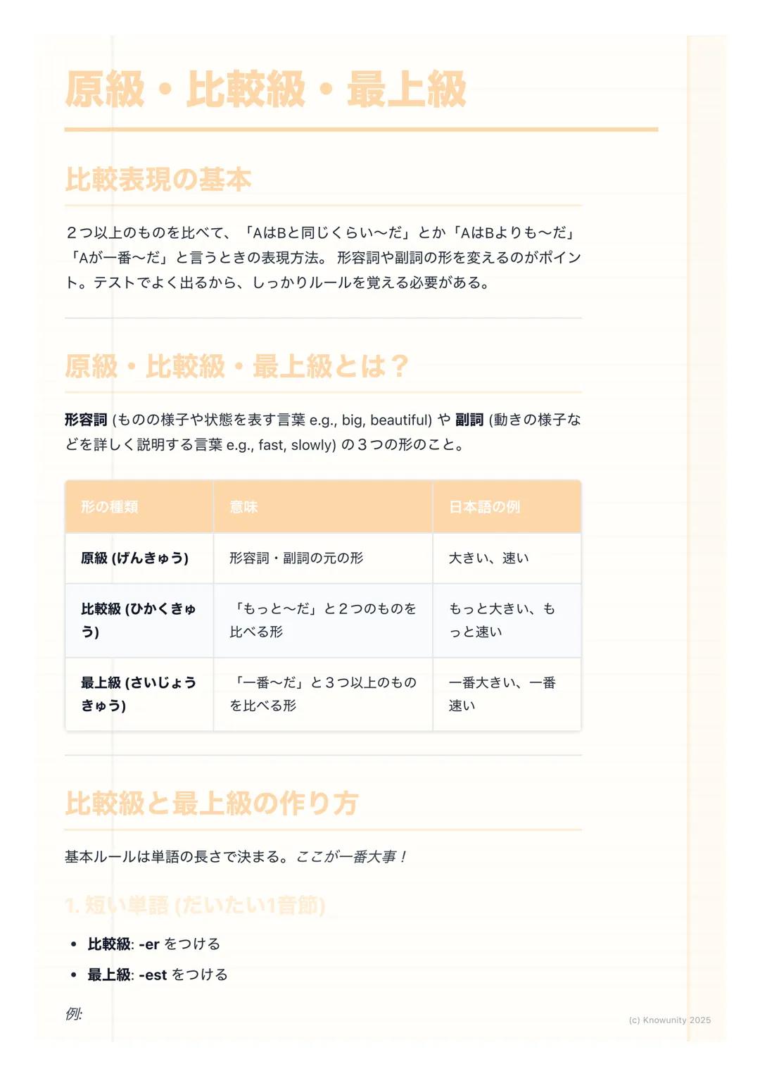 # 原級・比較級・最上級
比較表現の基本
2つ以上のものを比べて、「AはBと同じくらい〜だ」とか「AはBよりも〜だ」
「Aが一番〜だ」と言うときの表現方法。形容詞や副詞の形を変えるのがポイン
ト。テストでよく出るから、しっかりルールを覚える必要がある。
# 原級・比較級・最