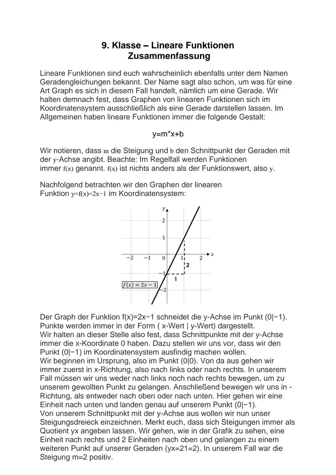 # 9. Klasse - Lineare Funktionen
Zusammenfassung
Lineare Funktionen sind euch wahrscheinlich ebenfalls unter dem Namen
Geradengleichungen b