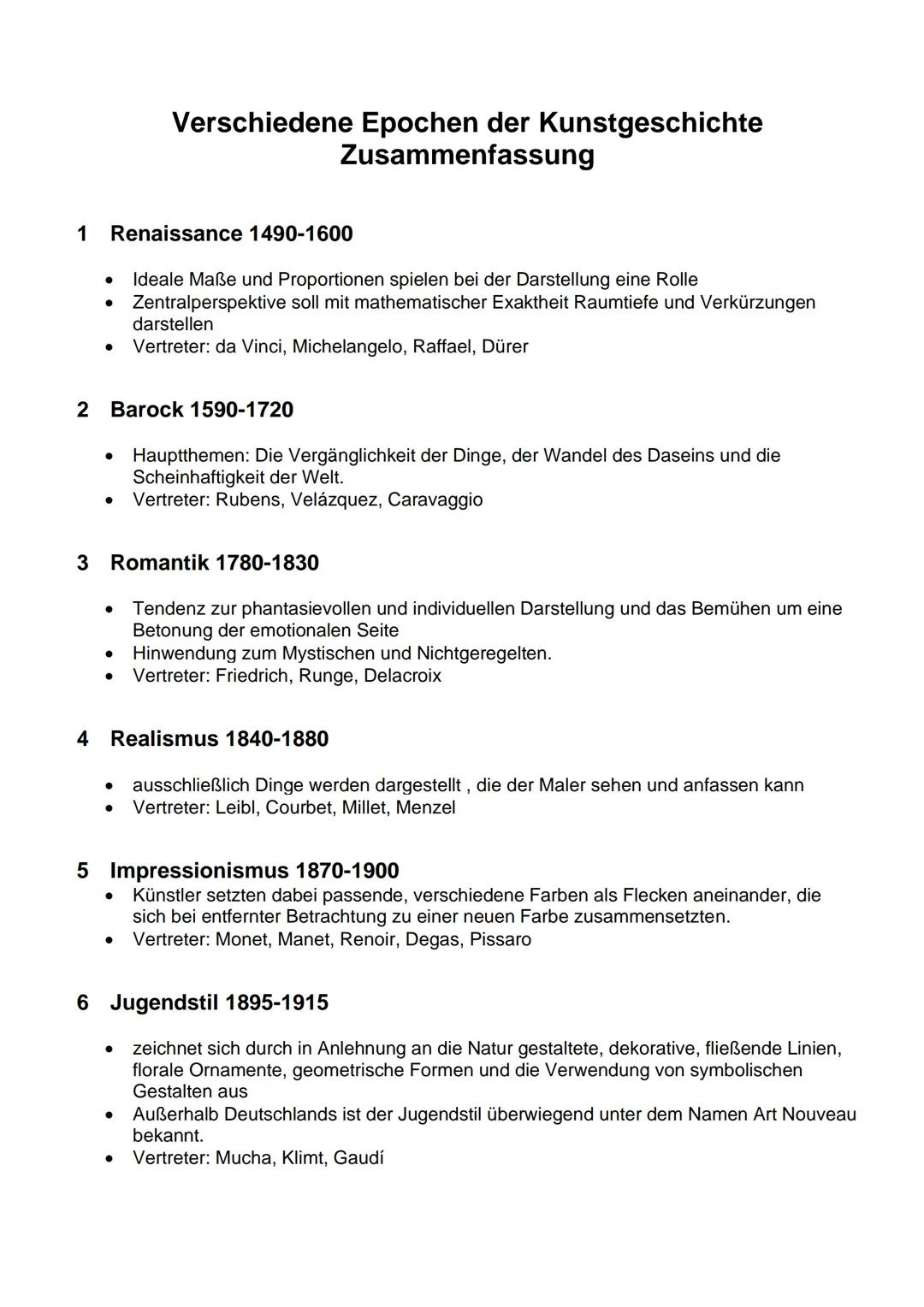 # Verschiedene Epochen der Kunstgeschichte
Zusammenfassung
1 Renaissance 1490-1600
- Ideale Maße und Proportionen spielen bei der Darstell