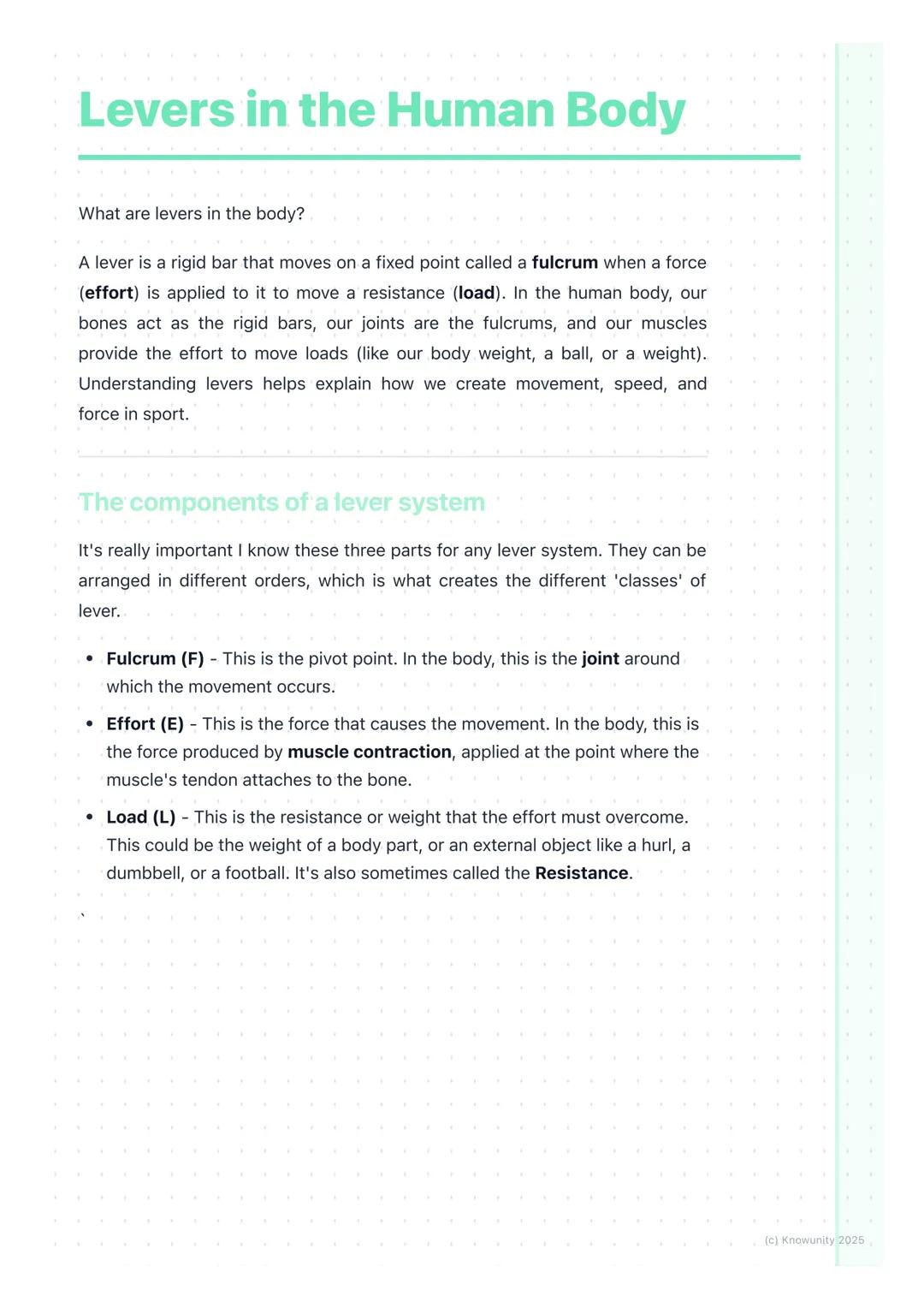 # Levers in the Human Body
What are levers in the body?
A lever is a rigid bar that moves on a fixed point called a fulcrum when a force
(