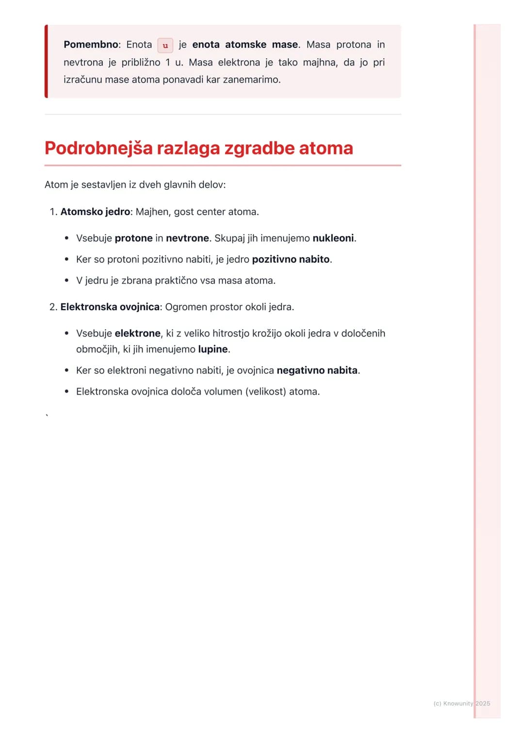 # Zgradba atoma
## Osnove zgradbe atoma
Atom je osnovni gradnik snovi. Vse okoli nas je sestavljeno iz atomov. Zgradba
atoma določa, kako