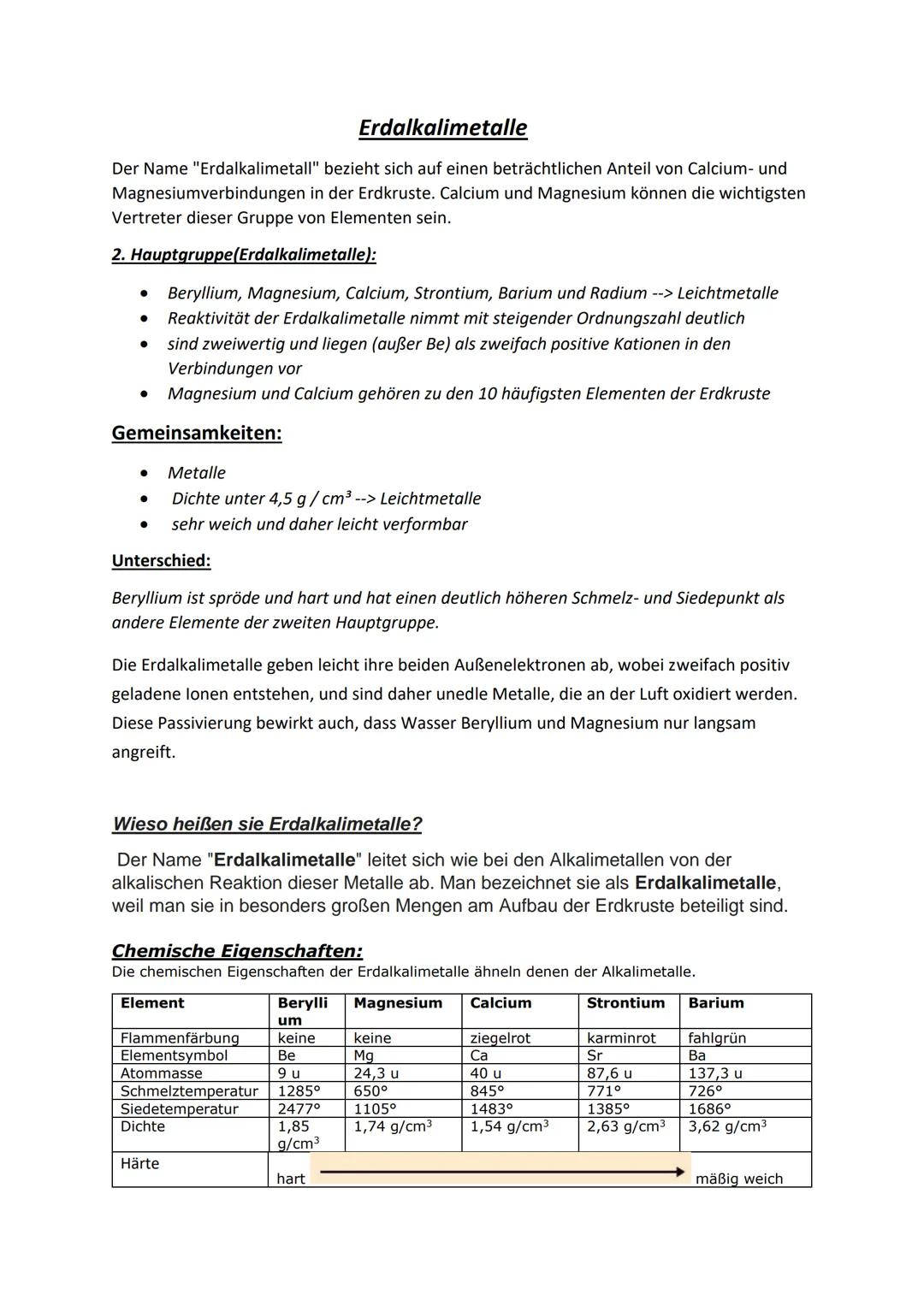 # Erdalkalimetalle
Der Name "Erdalkalimetall" bezieht sich auf einen beträchtlichen Anteil von Calcium- und
Magnesiumverbindungen in der Er