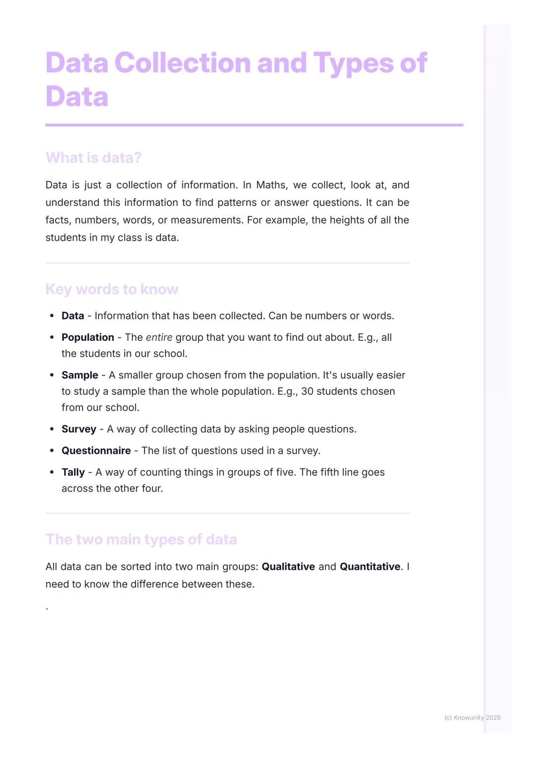 # Data Collection and Types of
Data
What is data?
Data is just a collection of information. In Maths, we collect, look at, and
understand