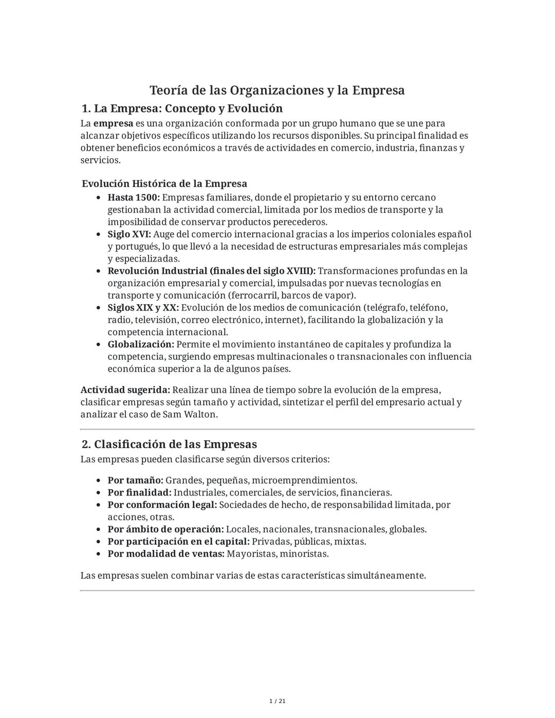 Teoría de las Organizaciones y la Empresa
1. La Empresa: Concepto y Evolución
La empresa es una organización conformada por un grupo humano