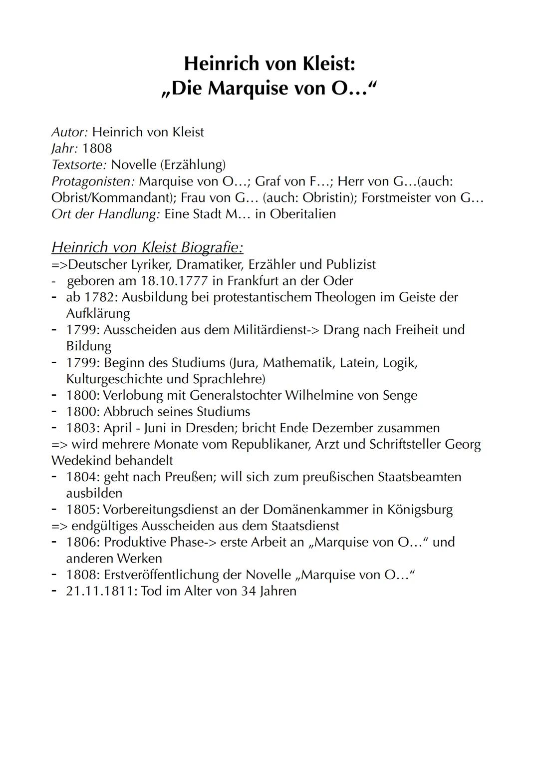 Heinrich von Kleist:
„Die Marquise von O..."
Autor: Heinrich von Kleist
Jahr: 1808
Textsorte: Novelle (Erzählung)
Protagonisten: Marquise v