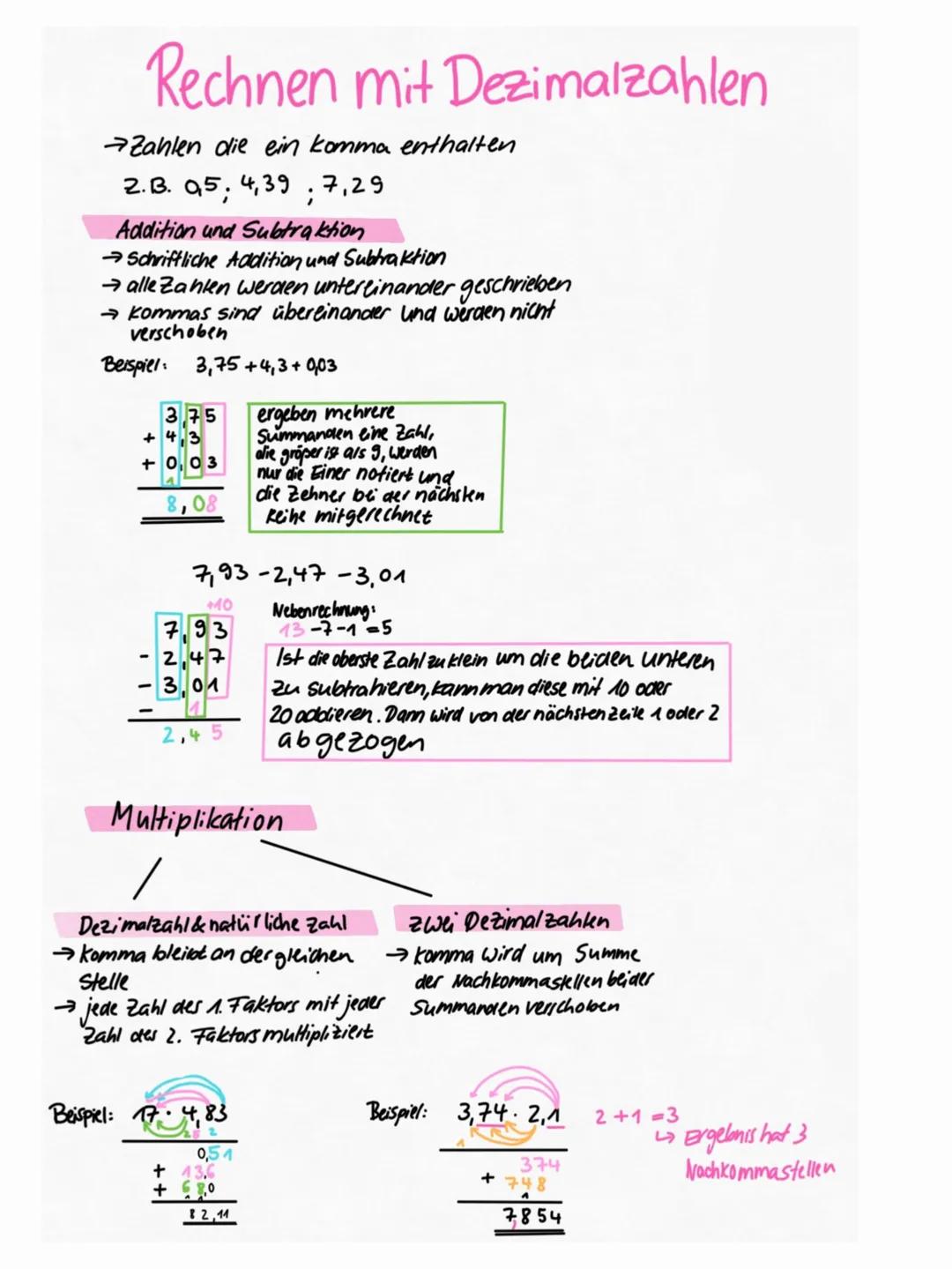 # Rechnen mit Dezimalzahlen
Zahlen die ein komma enthalten
2.Β. 95, 4,397,29
## Addition und Subtraktion
→Schriftliche Addition und Subt