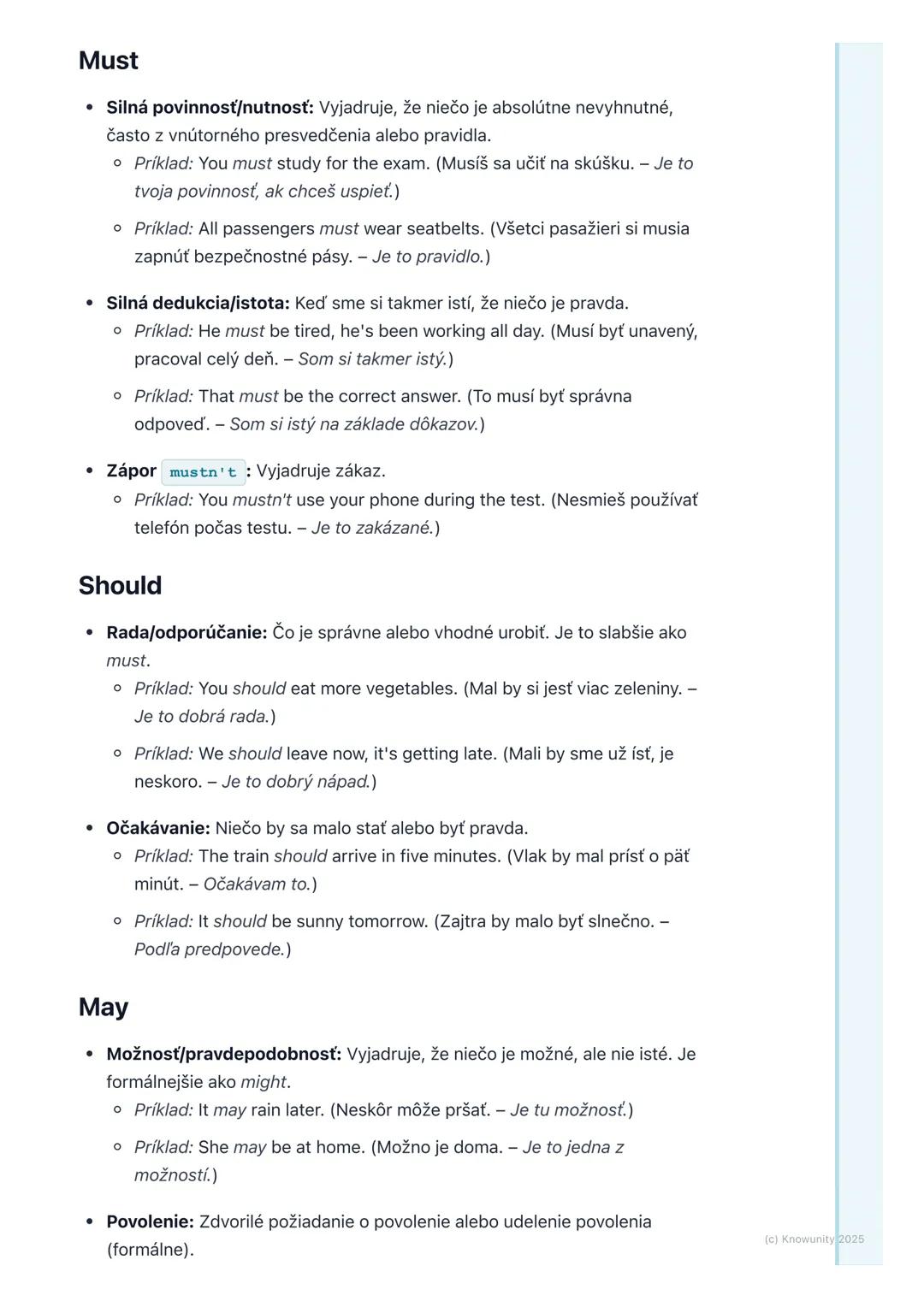 # Modálne slovesá a ich funkcie
## 1. Prehľad modálnych slovies
Modálne slovesá sú špeciálny typ pomocných slovies v angličtine. Nepoužíva