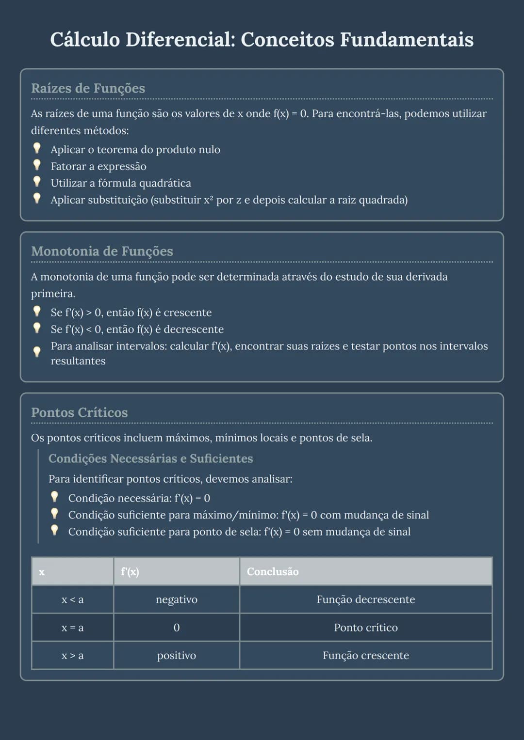 # Cálculo Diferencial: Conceitos Fundamentais
## Raízes de Funções
As raízes de uma função são os valores de x onde f(x) = 0. Para encontr