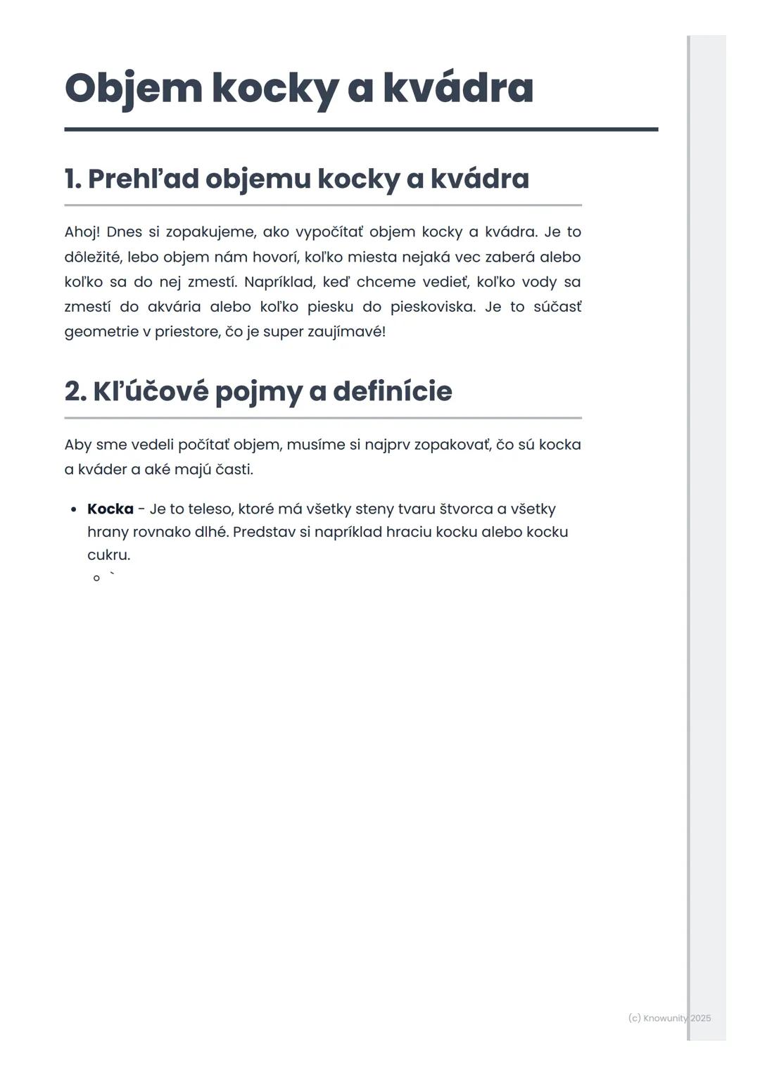 # Objem kocky a kvádra
1. Prehľad objemu kocky a kvádra
Ahoj! Dnes si zopakujeme, ako vypočítať objem kocky a kvádra. Je to
dôležité, lebo