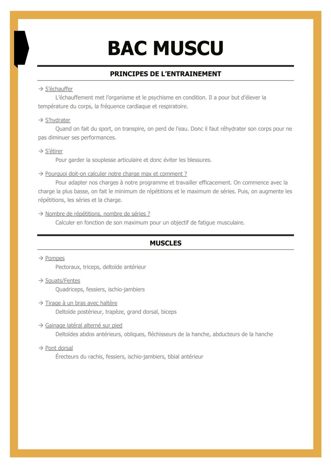 # BAC MUSCU
## PRINCIPES DE L'ENTRAINEMENT
→ S'échauffer
L'échauffement met l'organisme et le psychisme en condition. Il a pour but d'éle