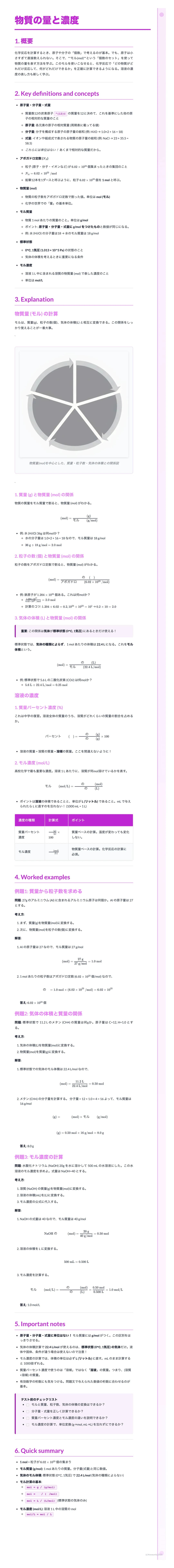 # 物質の量と濃度
1. 概要
物質の量を表す単位としてmol(モル)を定義する。また、溶液中の物質の量を表す濃度という概念を導入する。濃度には、モル濃度、質量モル濃度、質量パーセント濃度など、いくつかの種類がある。
2. Key definitions and conce