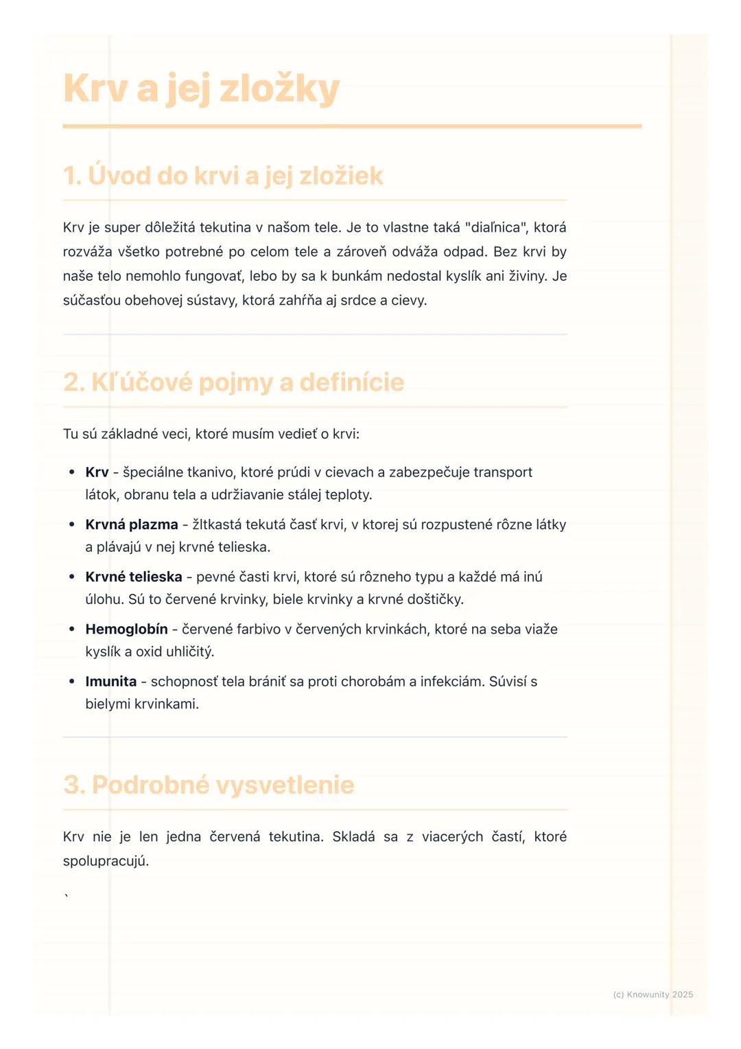 # Krv a jej zložky
1. Úvod do krvi a jej zložiek
Krv je super dôležitá tekutina v našom tele. Je to vlastne taká "diaľnica", ktorá
rozváža
