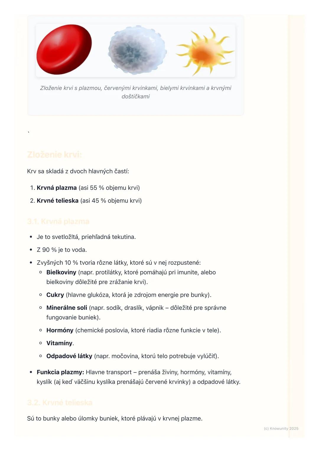 # Krv a jej zložky
1. Úvod do krvi a jej zložiek
Krv je super dôležitá tekutina v našom tele. Je to vlastne taká "diaľnica", ktorá
rozváža