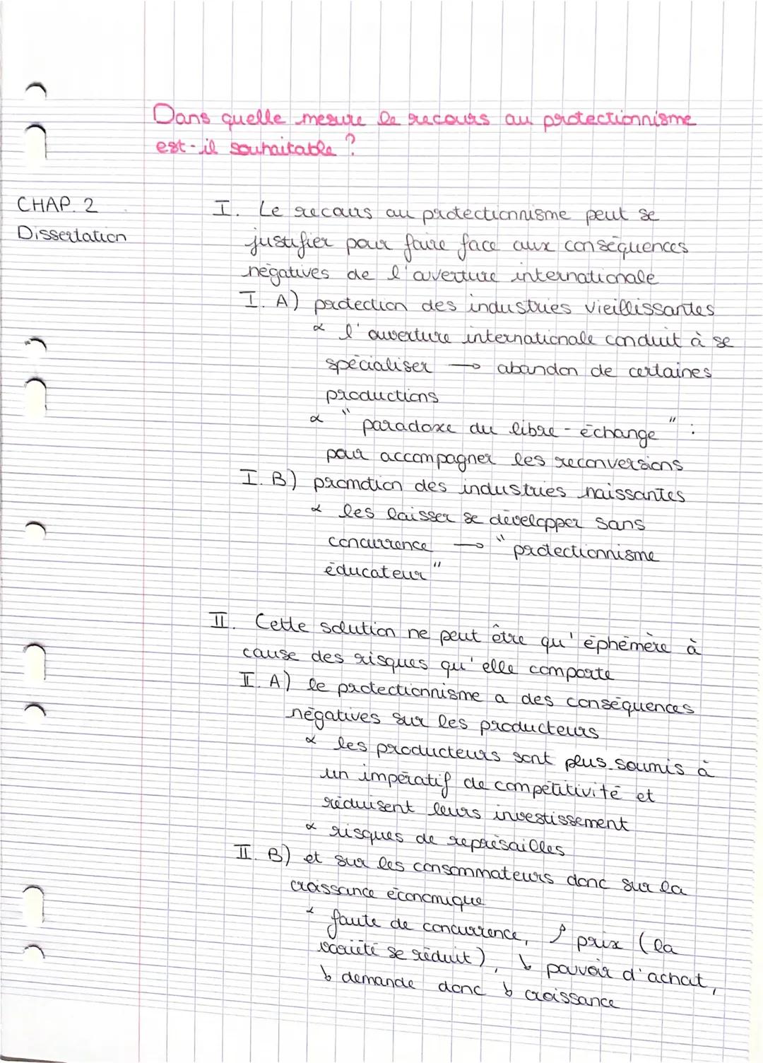 CHAP. 2
Dissertation
Dans quelle mesure le recours au protectionnisme
est-il souhaitable?
I. Le recans au protectionnisme peut se
justifie