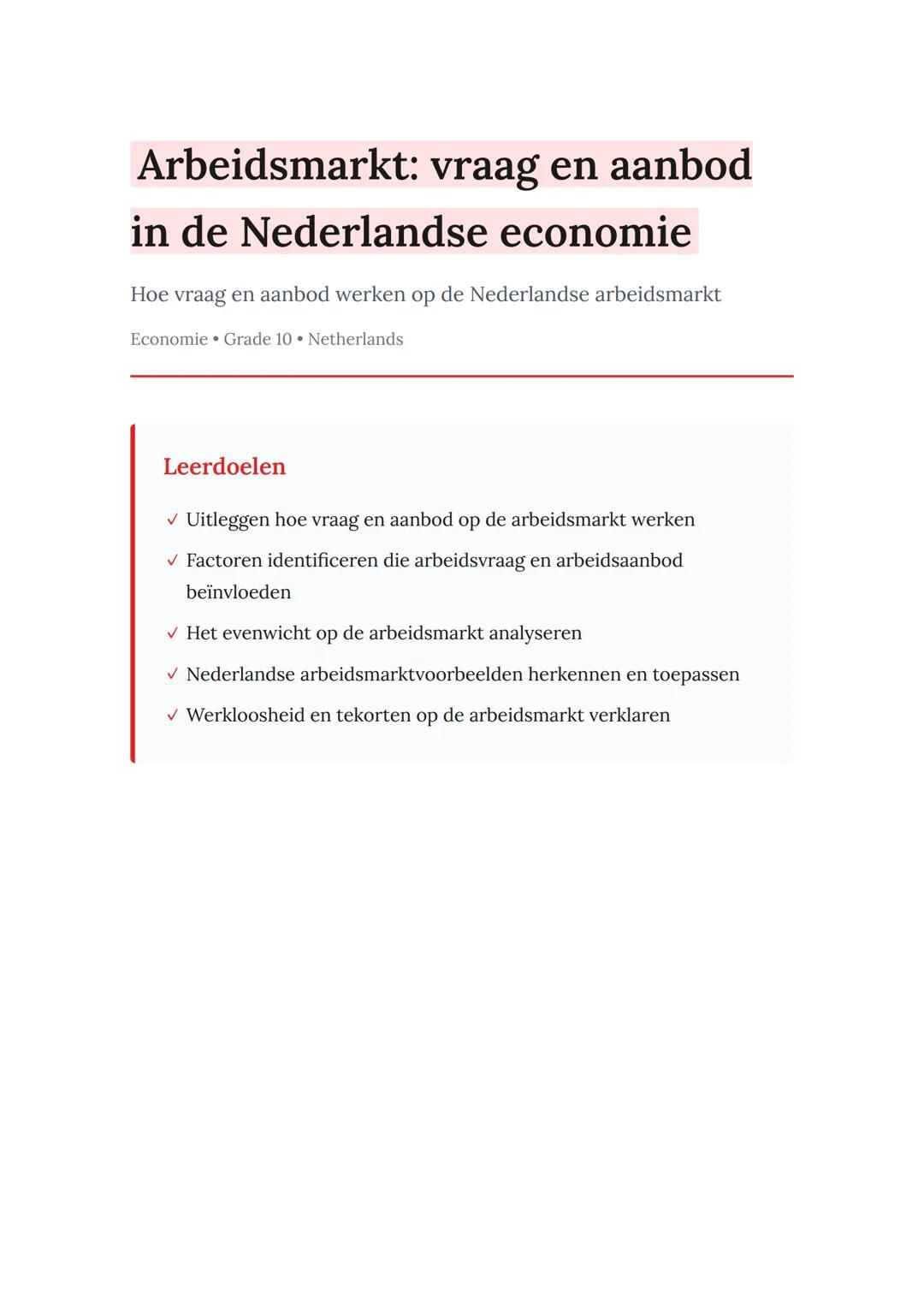 Arbeidsmarkt: vraag en aanbod
in de Nederlandse economie
Hoe vraag en aanbod werken op de Nederlandse arbeidsmarkt
Economie Grade 10 Nethe