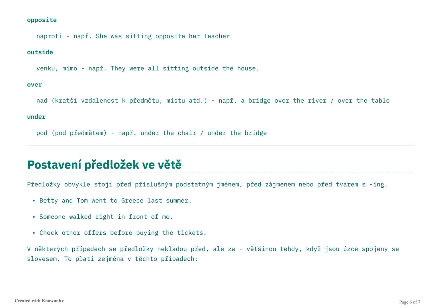 # Předložky v angličtině
Podrobné vysvětlení anglických předložek, jejich použití a umístění ve větách.
## Co jsou předložky?
Předložky (
